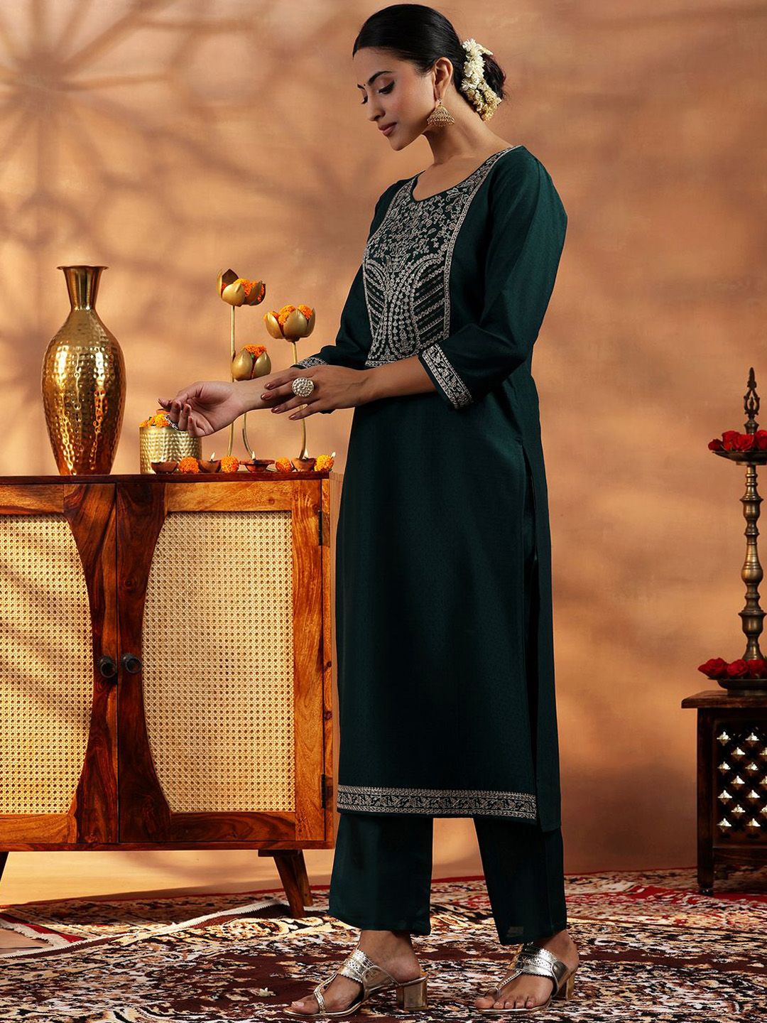 Libas Paisley Embroidered Zari Work Dobby Weave Straight Kurta With Trousers & Dupatta
