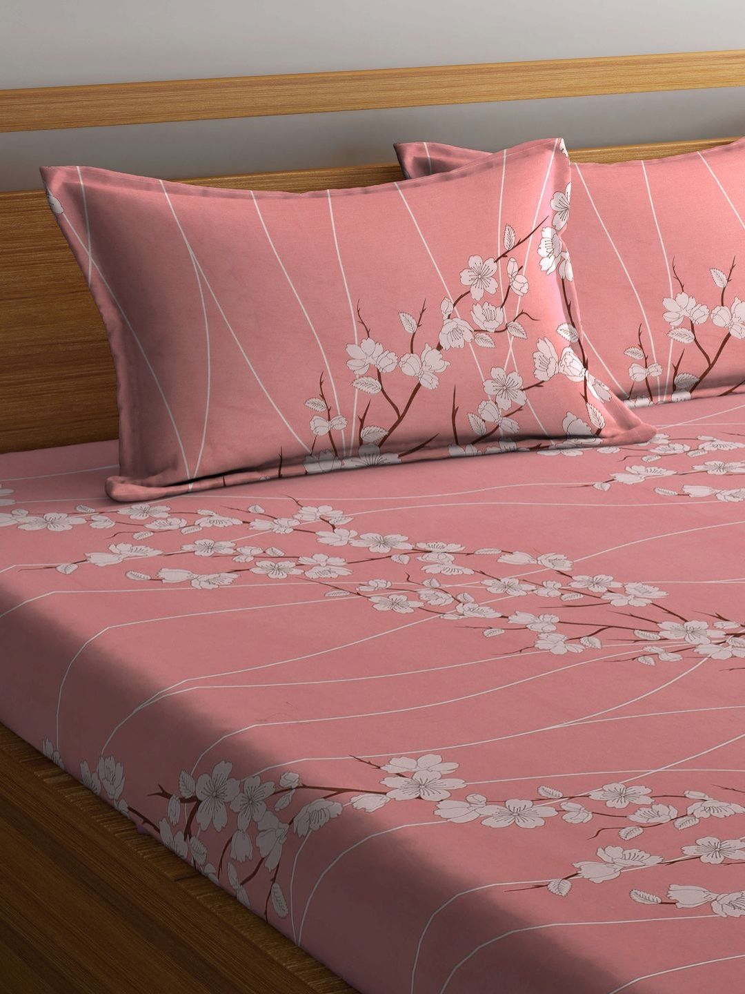 Aura Pink & White Floral Printed Fitted 400TC King Cotton Bedsheet With 2 Pillow Cover