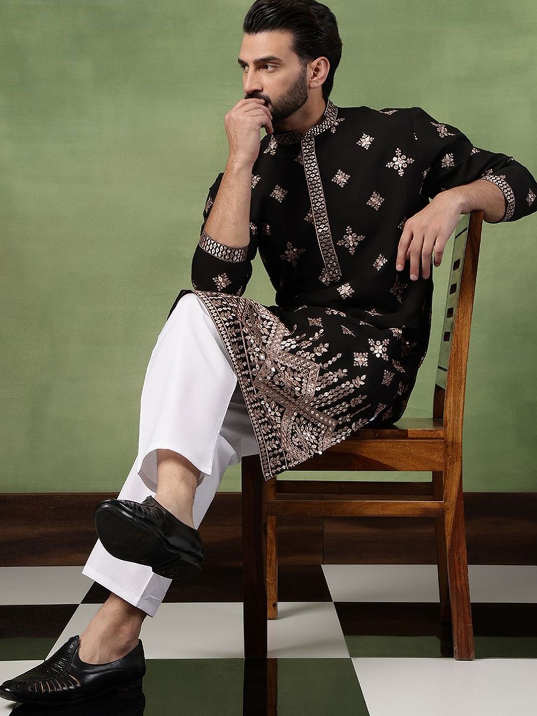SOJANYA Men Bandhani Sulam Cermin Kerja Kurta