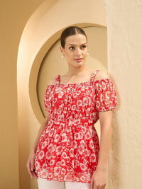 Antheaa  Women Floral Print Chiffon Bardot Top