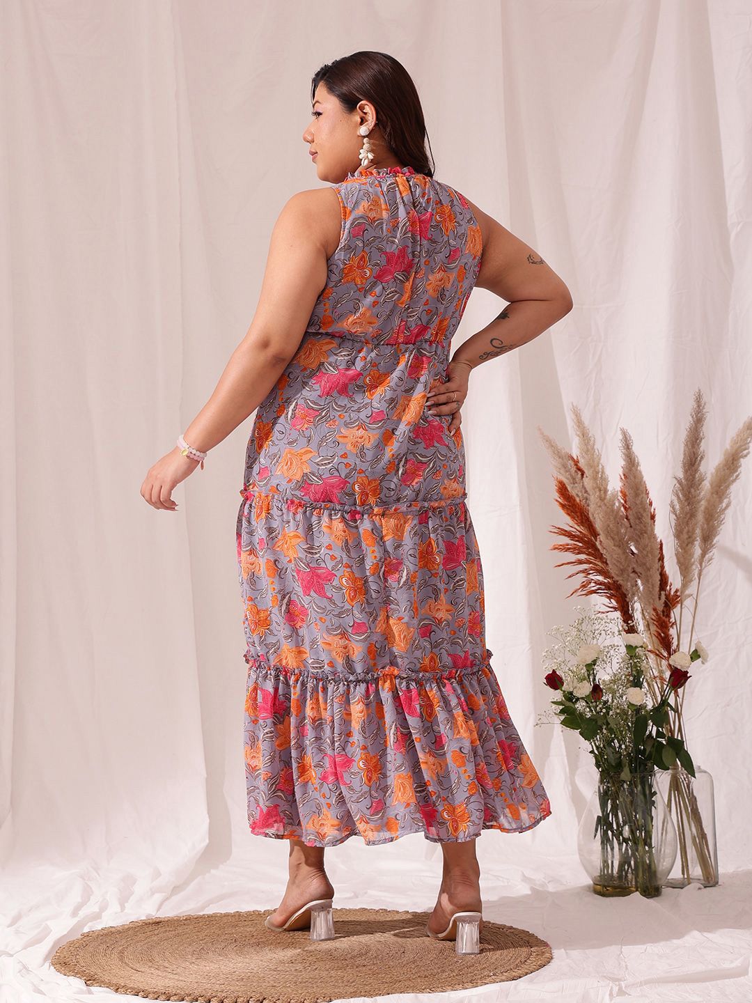 CURVY STREET Floral Printed Georgette Tiered Maxi Dress