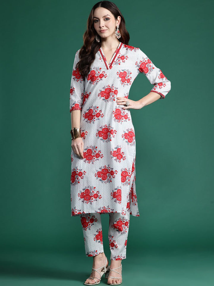 Indo Era Floral Printed Mirror Work Pure Cotton Kurta with Trousers