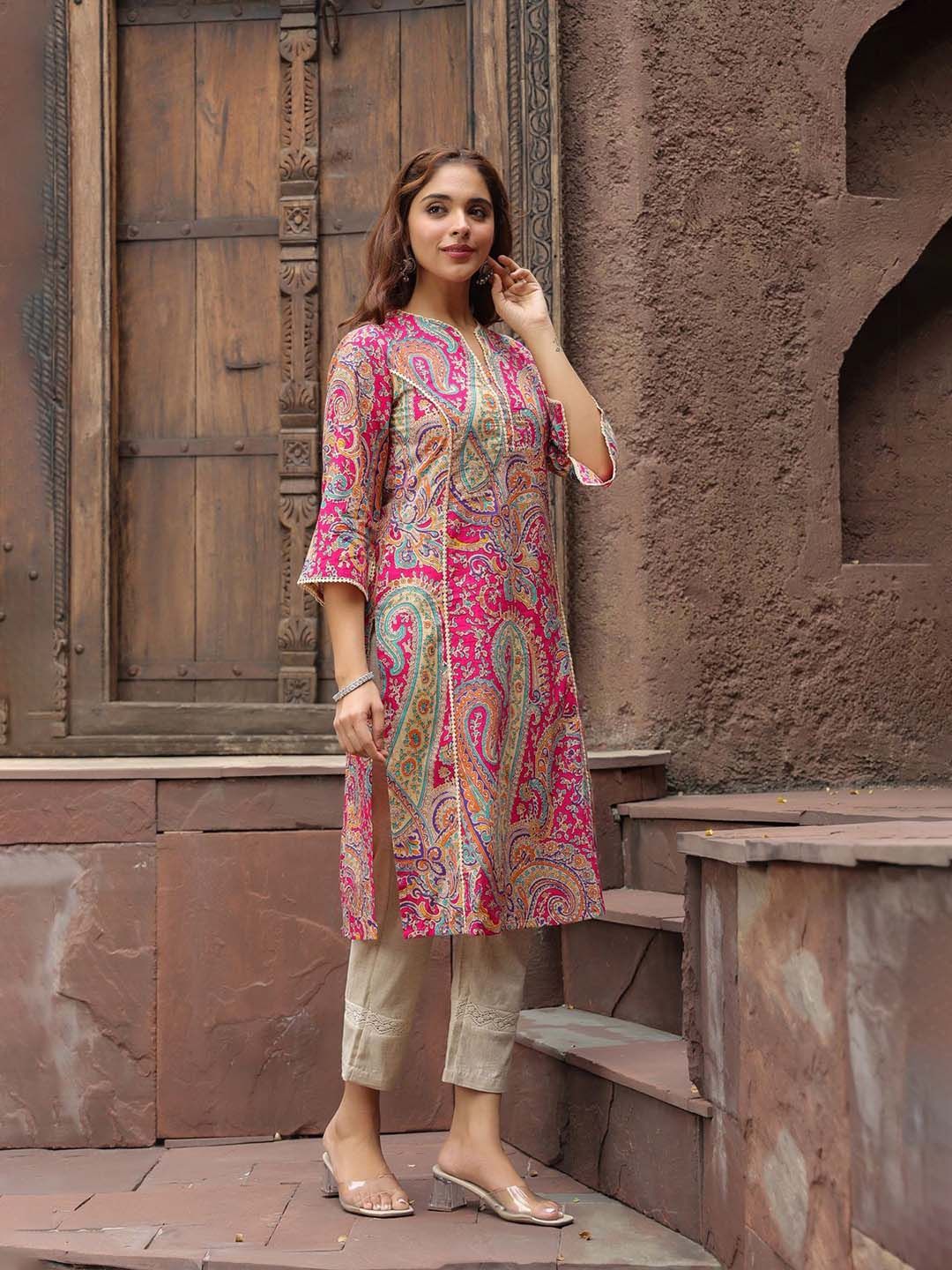 Rain & Rainbow Women Ethnic Motifs Printed Flared Sleeves Mirror Work Kurta