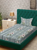 Myntra Elegant Homes Green Floral Printed Fitted 300 TC Single Bedsheet Set- 225X150 cm