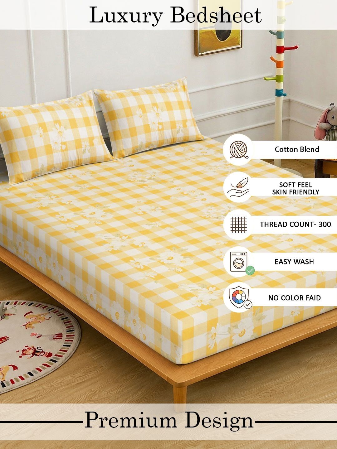 Myntra Elegant Homes Yellow Floral 300 TC King Double Bedsheet dengan 2 Sarung Bantal