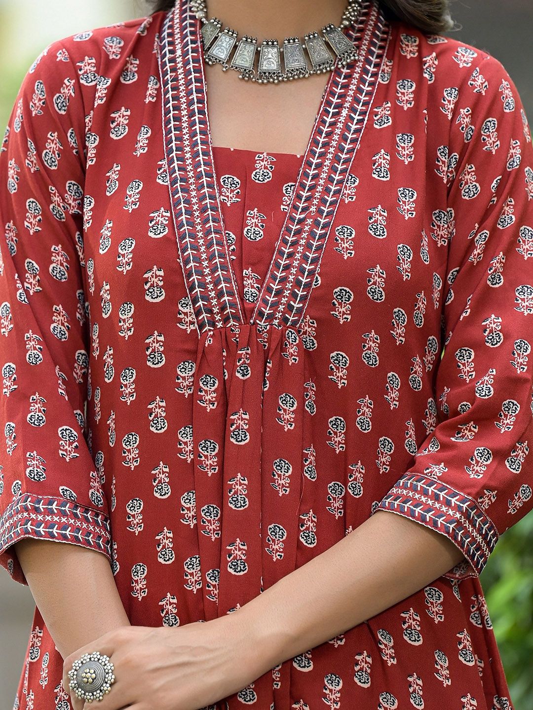 KALINI Floral Printed V-Neck Thread Work A-Line Kurta With Trousers & Dupatta