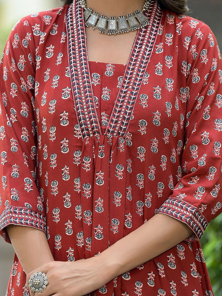 KALINI Floral Printed V-Neck Thread Work A-Line Kurta With Trousers & Dupatta
