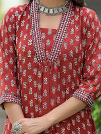 KALINI Floral Printed V-Neck Thread Work A-Line Kurta With Trousers & Dupatta