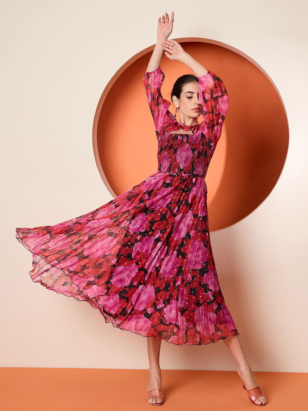 Antheaa Women Floral Printed pleated Fit & Flare Midi Dress