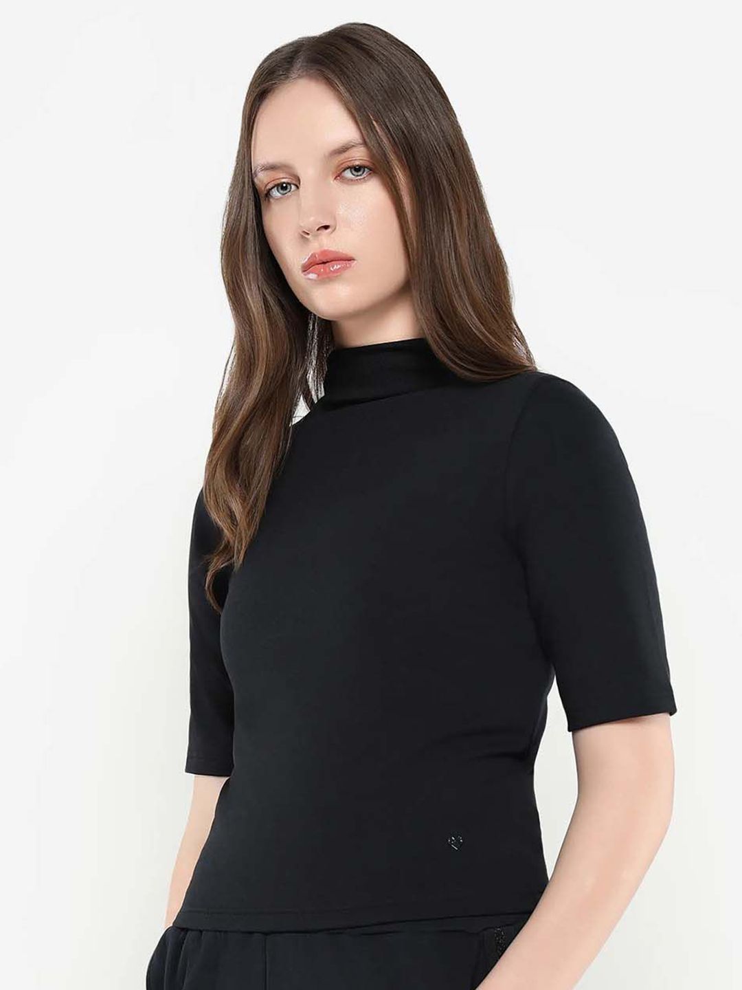 RAREISM Women Solid High Neck Cotton Top
