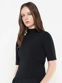 RAREISM Women Solid High Neck Cotton Top