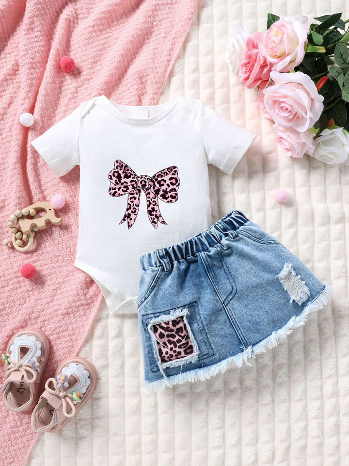 YK Infant Girls Bow Printed Bodysuit & Skirt Clothing Set