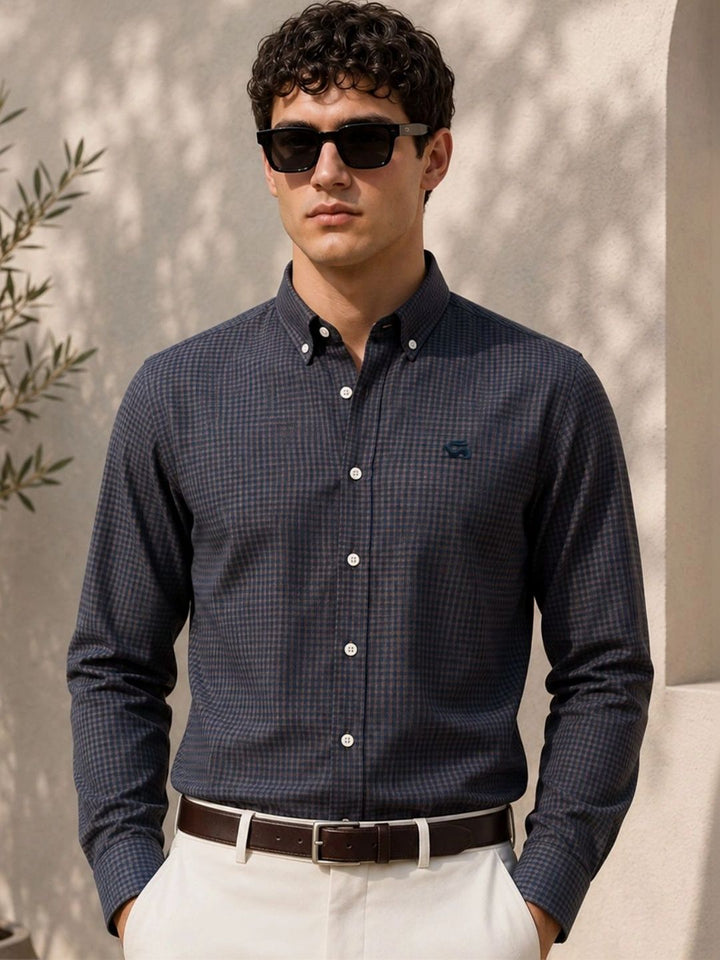 ADRO Men Navy & Brown Mini Checked Regular Fit Casual Cotton Shirt