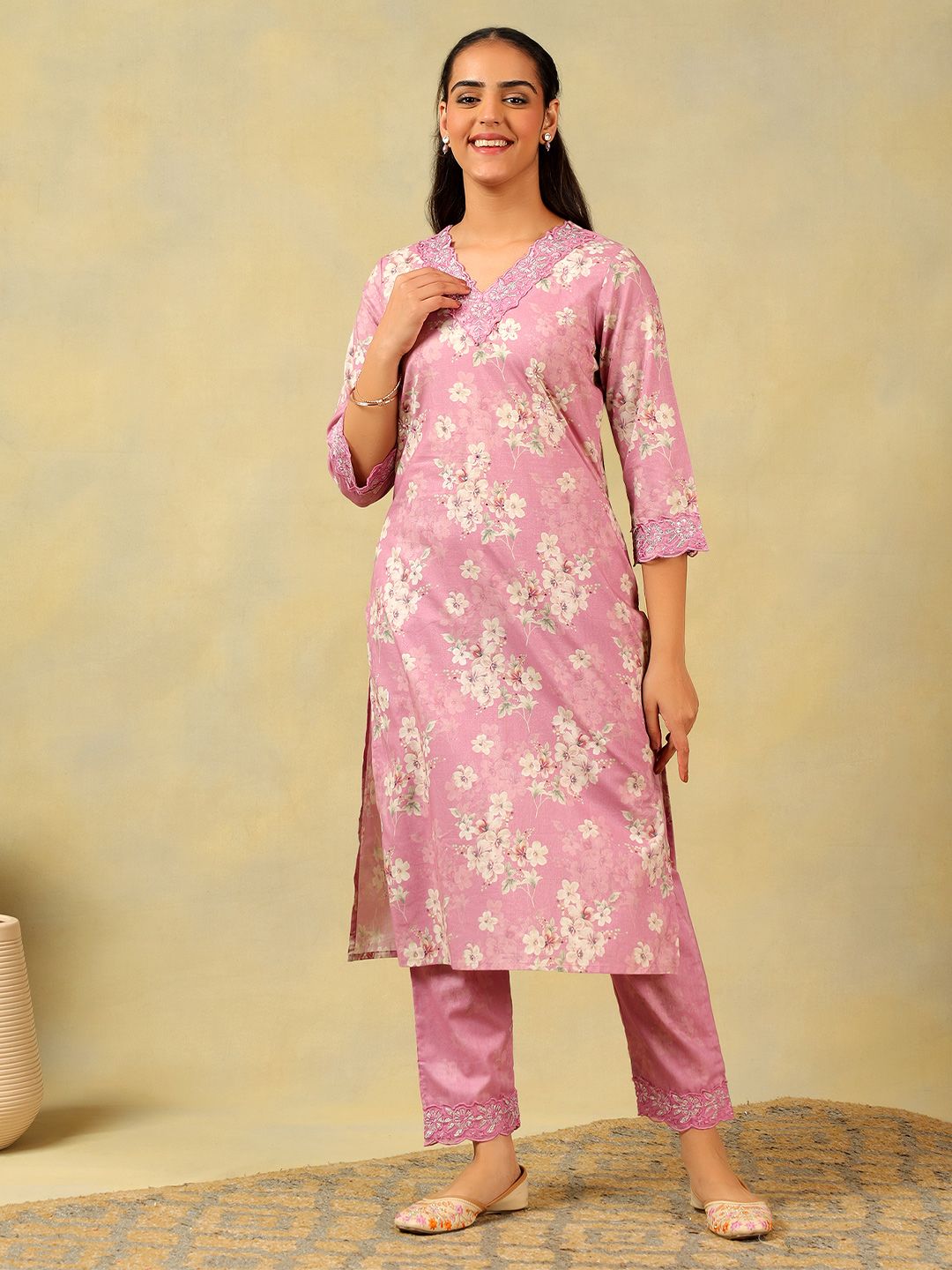 Kurta Kerja Benang Biasa Mamicha Wanita Bercetak Bunga dengan Seluar