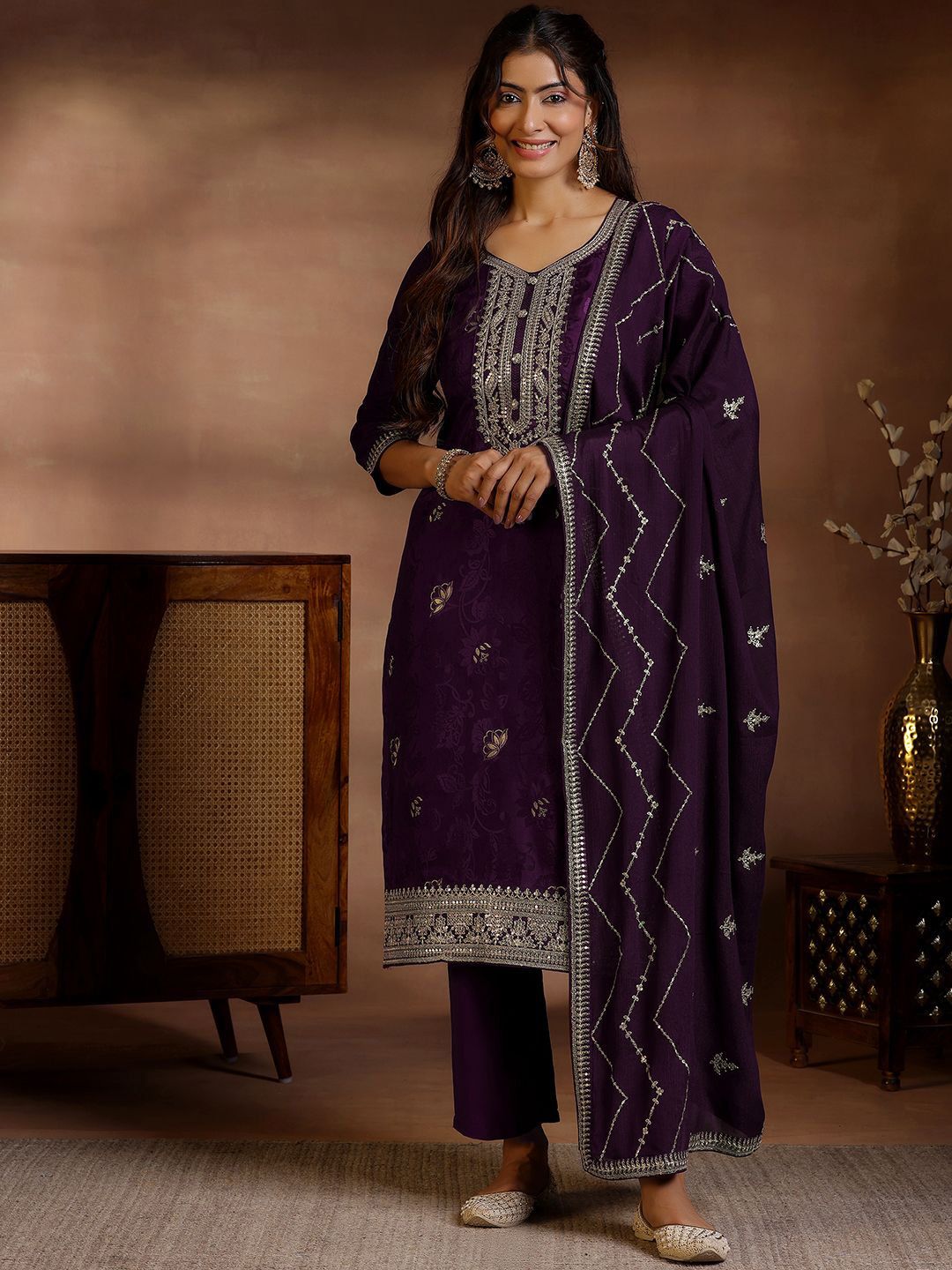 Libas Floral Printed V-Neck Thread Work Straight Kurta With Palazzos & Dupatta