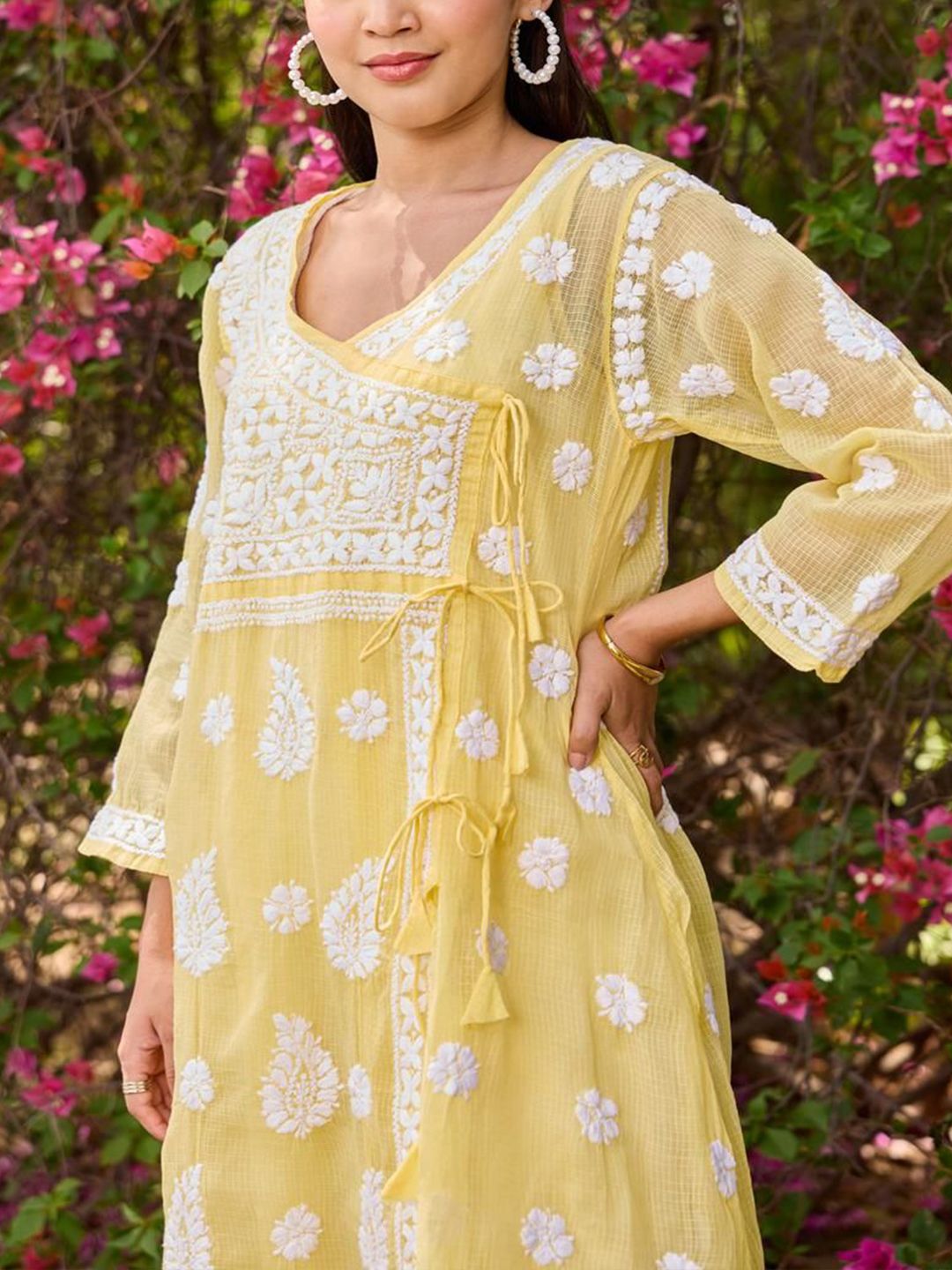 House of Chikankari Women Yellow Kota Chikankari Embroidered Kurta