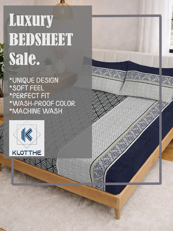 KLOTTHE Grey Geometric Fitted Double Bedsheet with 2 Pillow Covers