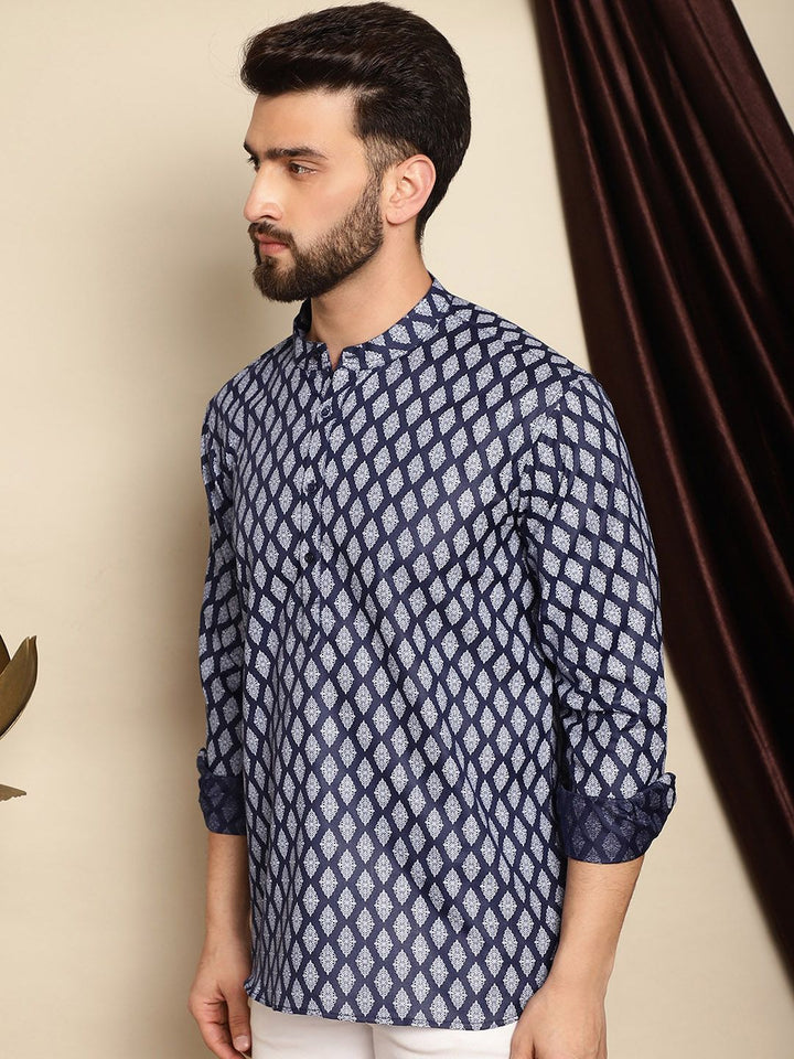 Anouk Ethnic Motifs Printed Band Collar Cotton Linen Straight Short Kurta