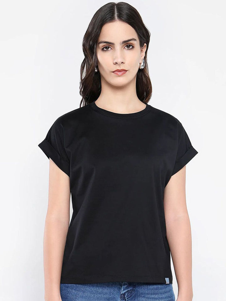 Rareism Wanita Pepejal Leher Kapas T-Shirt Santai