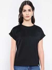 Rareism Wanita Pepejal Leher Kapas T-Shirt Santai