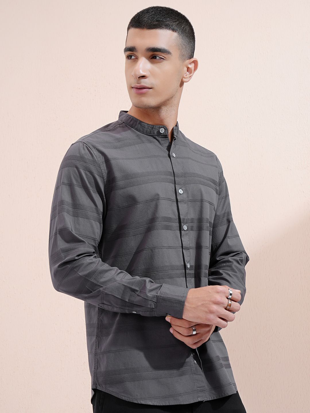Highlander Men Charcoal Dobby Textured Striped Mandarin Collar Casual Shirt