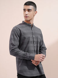 Highlander Men Charcoal Dobby Textured Striped Mandarin Collar Casual Shirt
