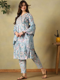 Mamicha Women Floral Printed Angrakha Thread Work Pure Cotton Kurta with Trousers & With Dupatta