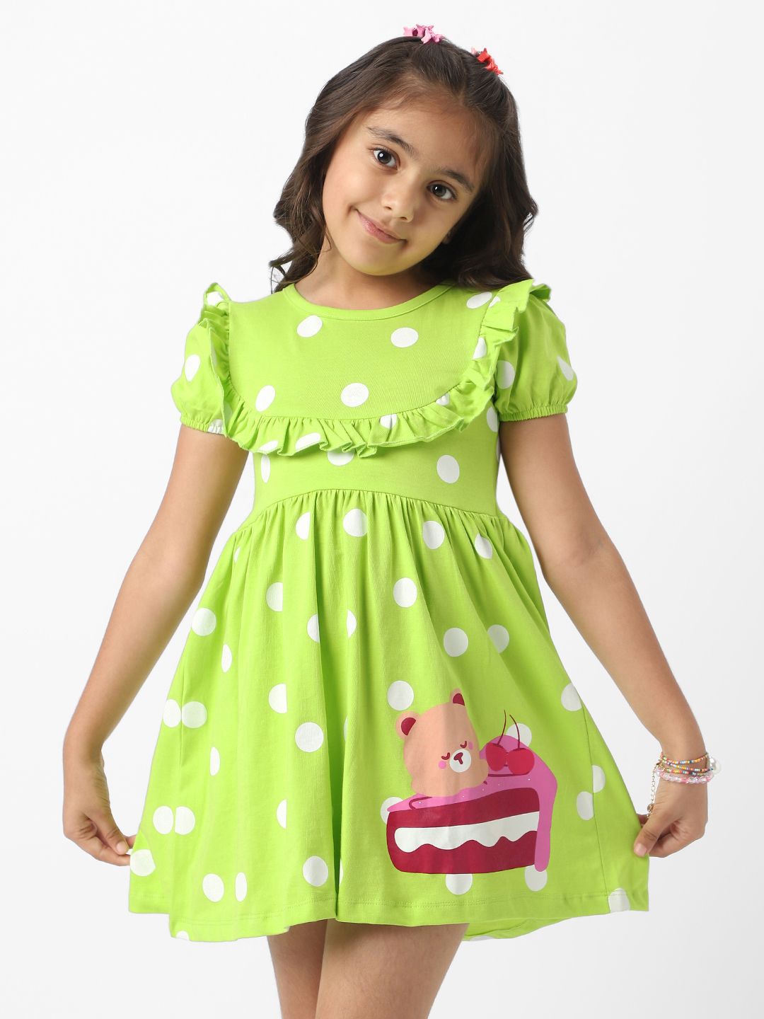 Nauti Nati Girls Green Jersey Cotton Polka Dot Fit and Flare Dress