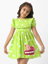 Nauti Nati Girls Green Jersey Cotton Polka Dot Fit and Flare Dress