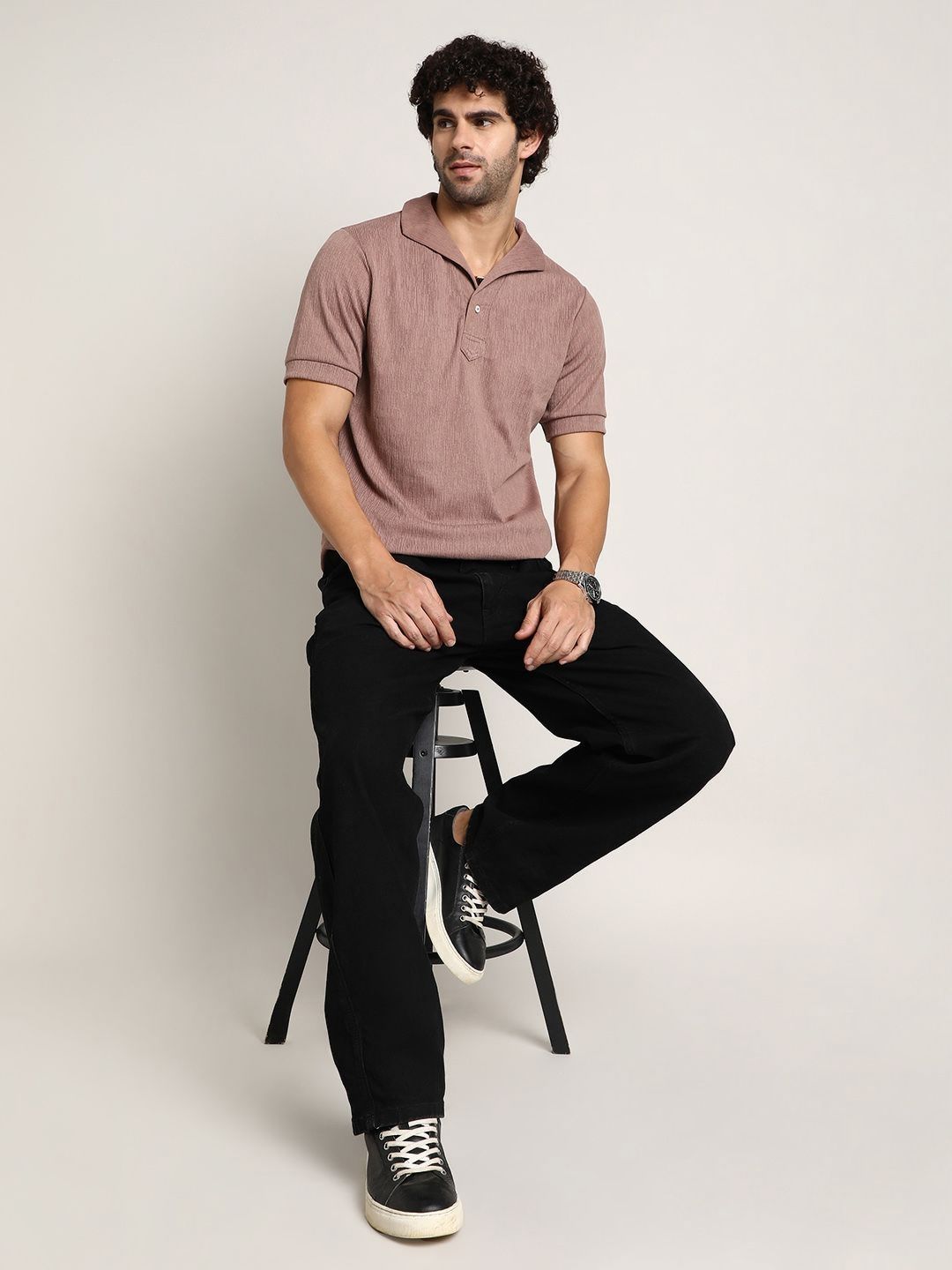 Campus Sutra Men Self Design Polo Collar Cotton T-shirt