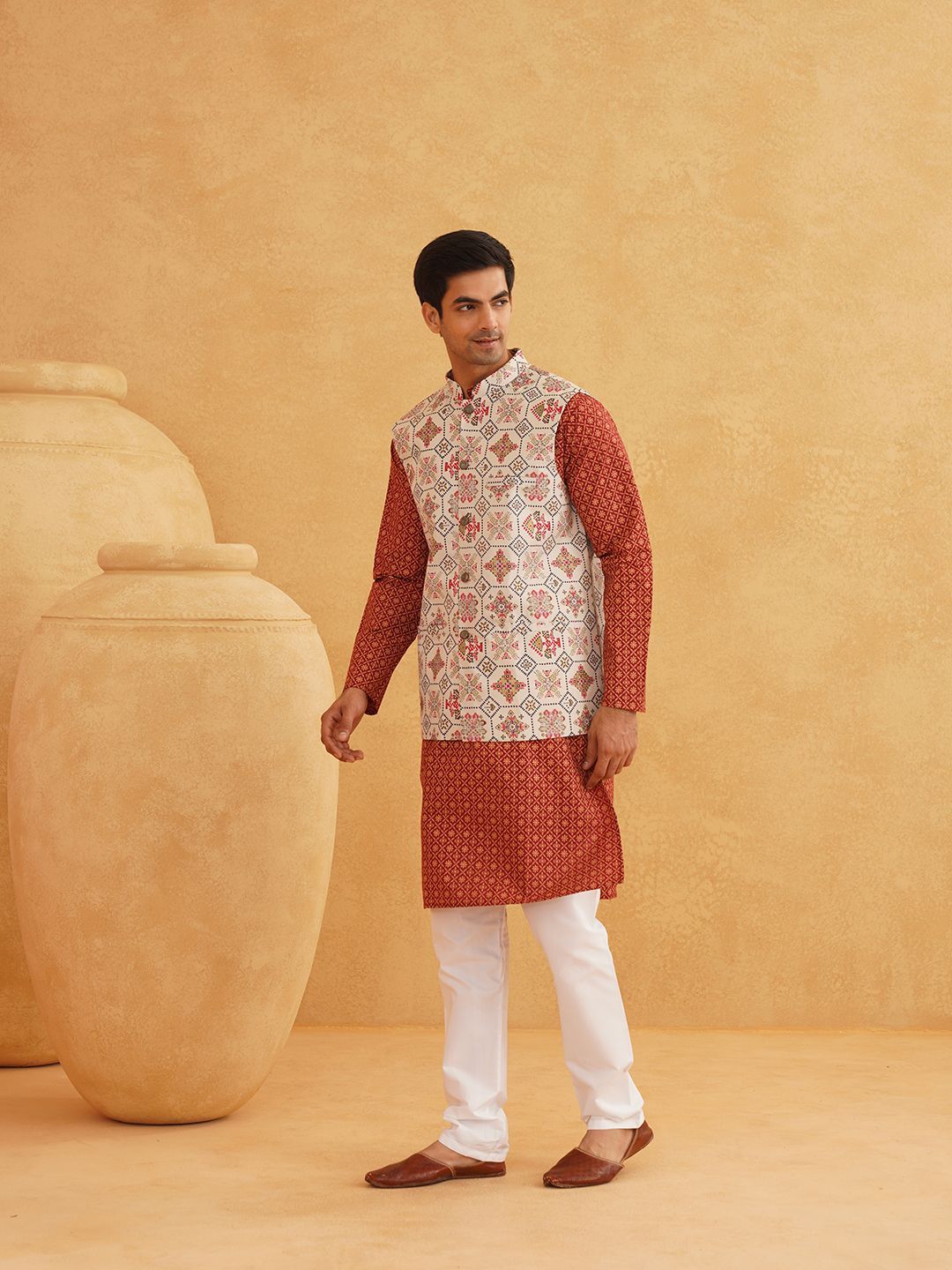 SOJANYA Floral Printed Band Collar Cotton Linen Kurta With Churidar And Nehru Jacket