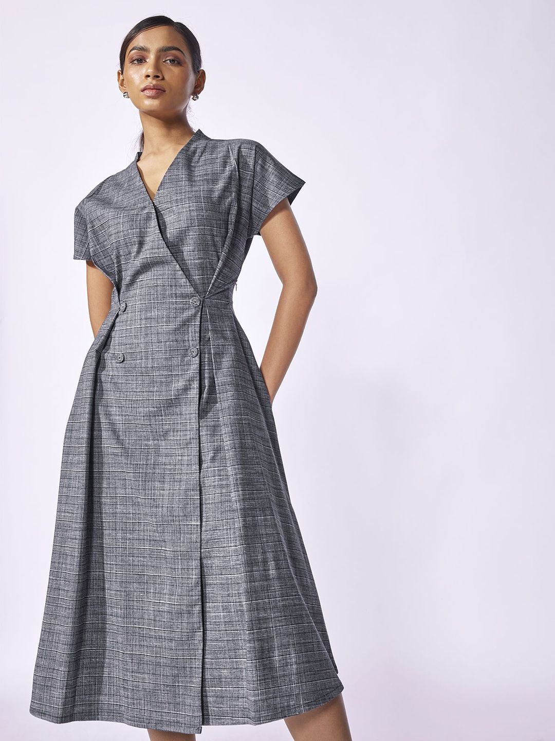 The Label Life Checked Wrap Midi Dress