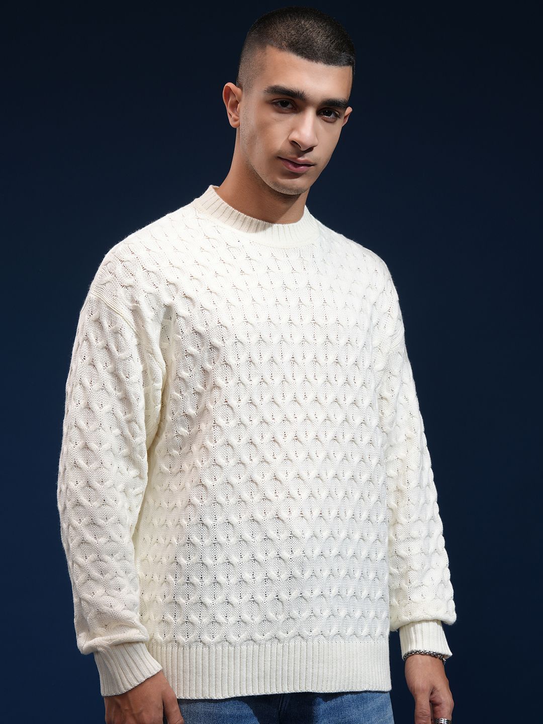 HIGHLANDER Men Self Design Round Neck Drop Shoulder Oversized Sweater