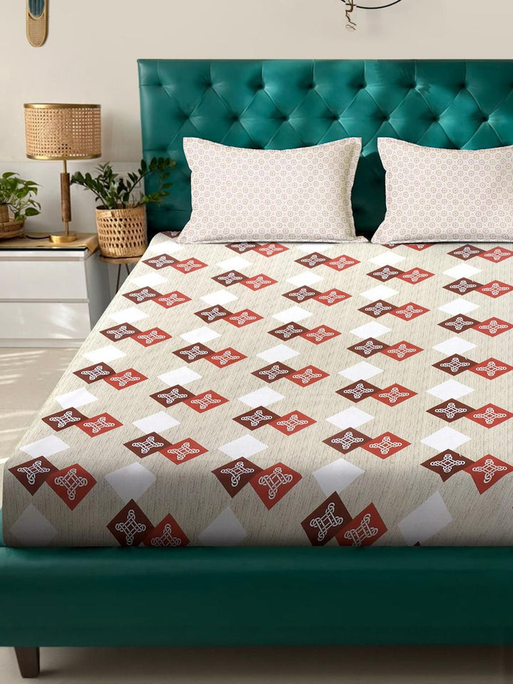 KLOTTHE Beige Geometric 400 TC King Bedsheet with 2 Pillow Covers