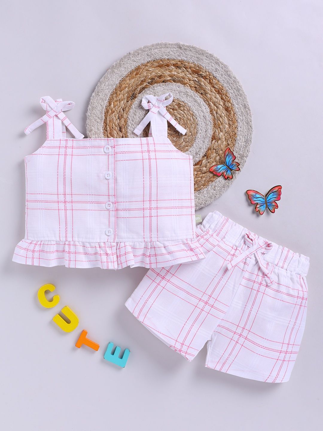 Moms Love Infant Girls Cotton Checked Top with Shorts