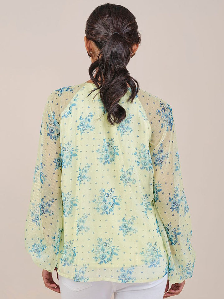 Global Desi Floral Printed Round Neck Blouson Top