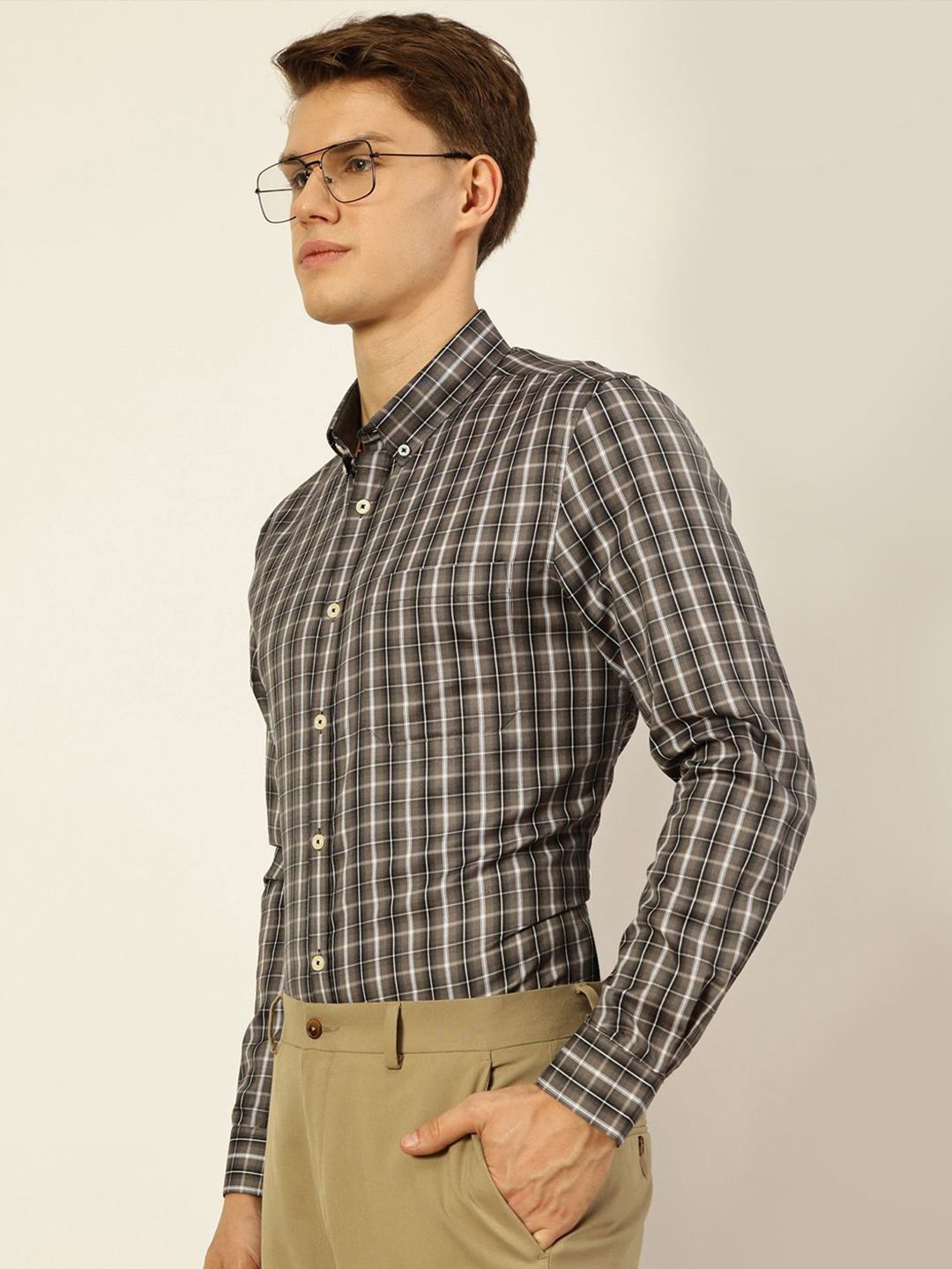 Thomas Scott Men Smart Button-Down Collar Tartan Checked Cotton Formal Shirt