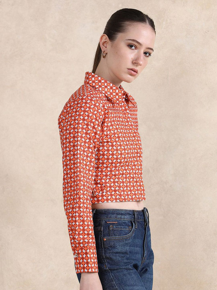 Rareism Geometric Printed Cotton Shirt Gaya Tanaman Top