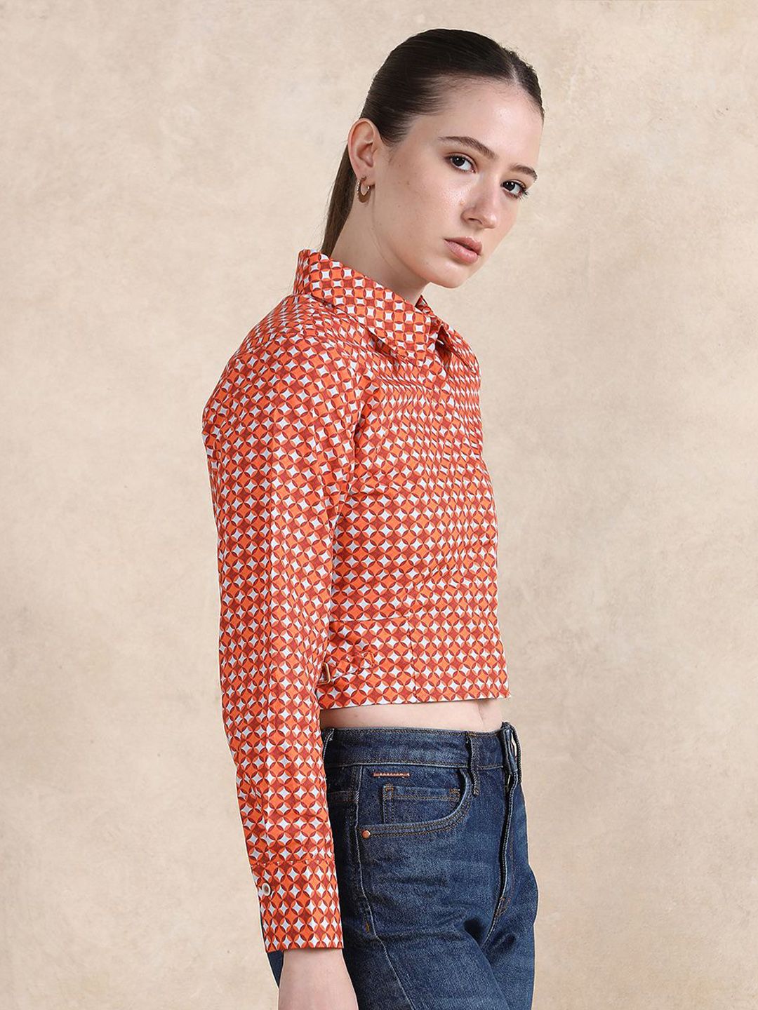 Rareism Geometric Printed Cotton Shirt Gaya Tanaman Top
