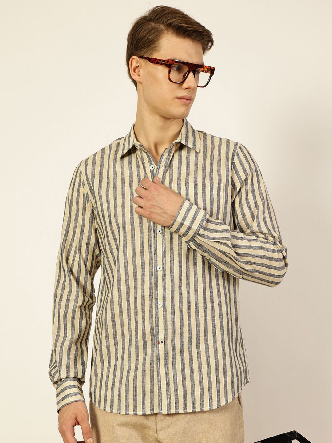 Thomas Scott Men Premium Vertical Striped Linen Slim Fit Casual Shirt