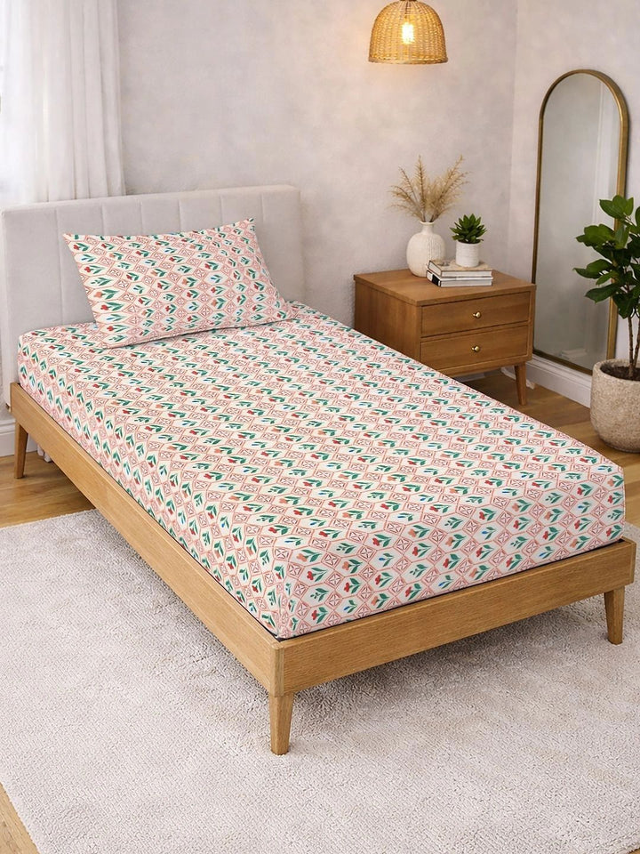 Myntra Elegant Homes Cream-Coloured & Pink Floral 300 TC Single Bedsheet with 1 Pillow Covers