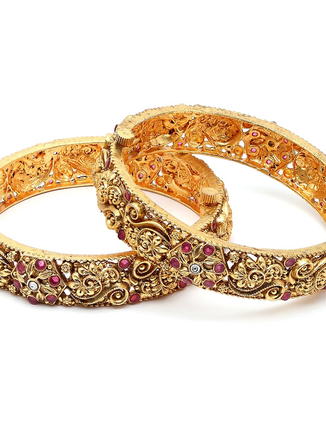 KARATCART Set Of 2 Gold-Plated & Red Stone-Studded Rajwadi Temple Bangles