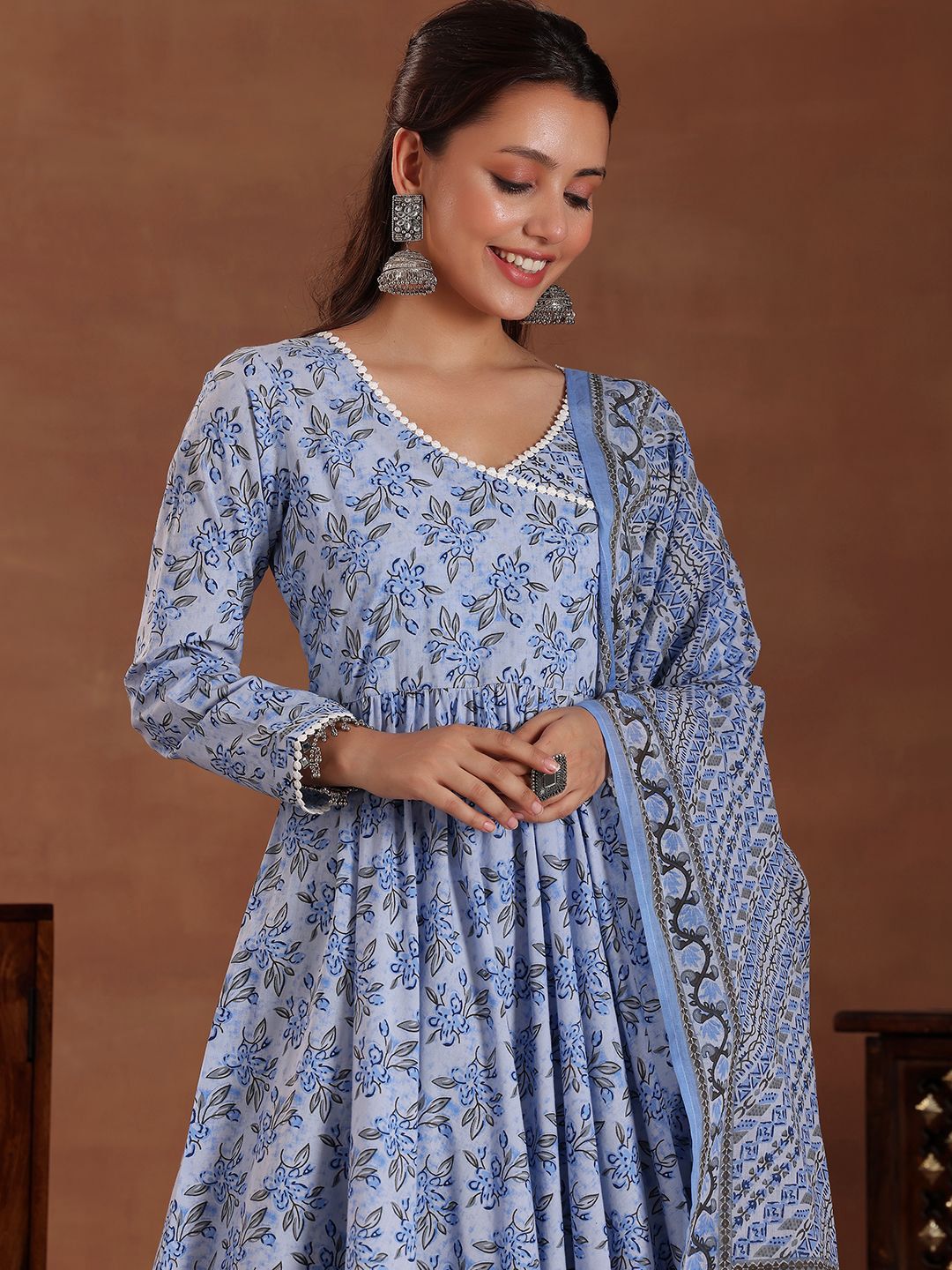 Libas Floral Printed Angrakha Pure Cotton Anarkali Kurta with Trousers & Dupatta