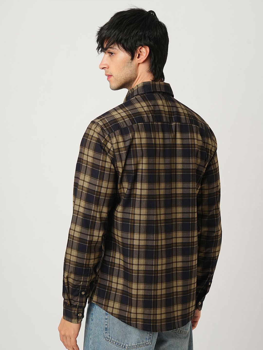 VASTRADO Men Classic Spread Collar Tartan Checked Cotton Slim Fit Casual Shirt
