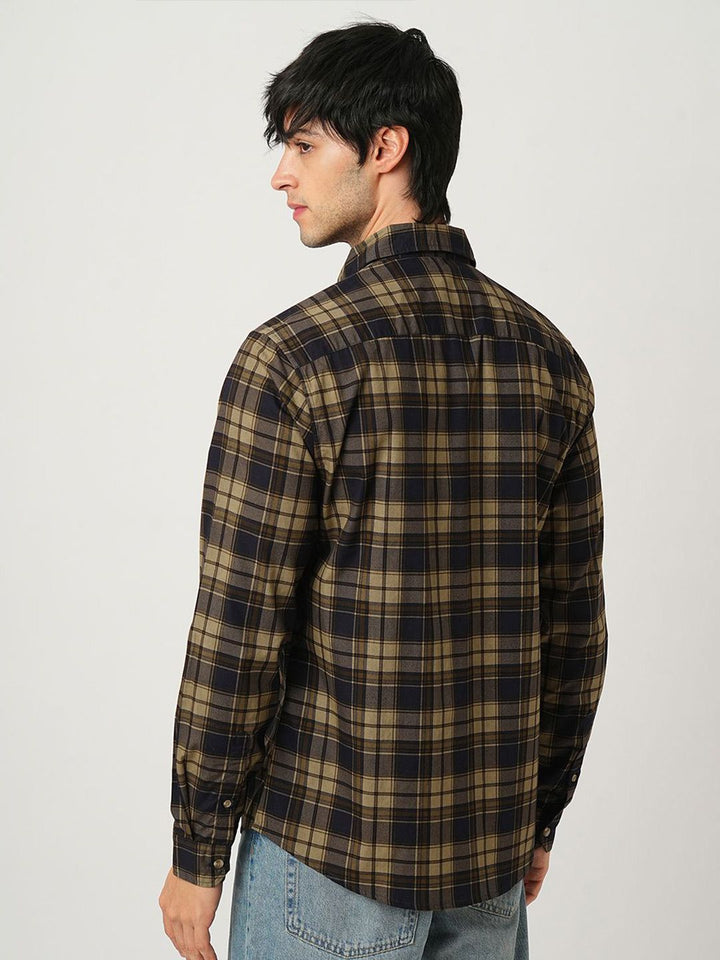 VASTRADO Men Classic Spread Collar Tartan Checked Cotton Slim Fit Casual Shirt