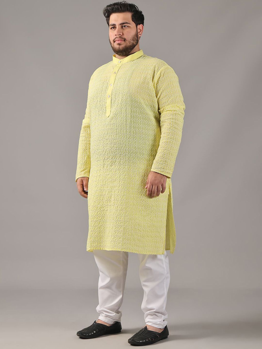 SOJANYA PLUS Size Floral Embroidered Thread Work Band Collar Pure Cotton Straight Kurta