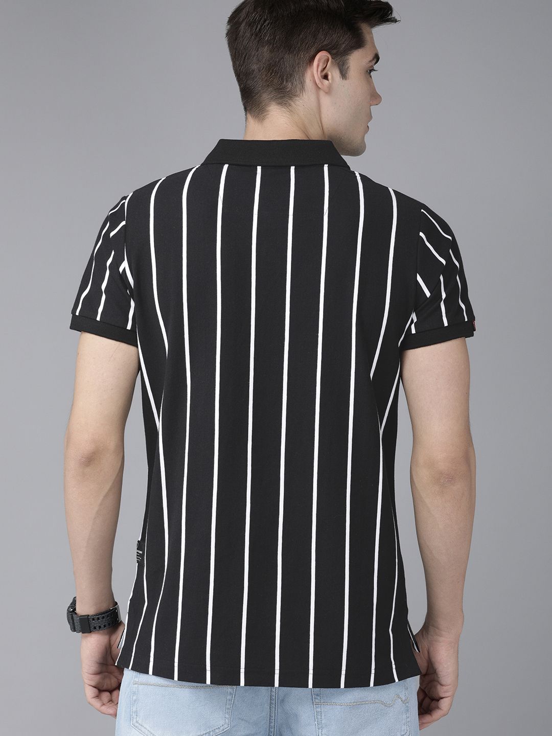 THE BEAR HOUSE Men Black & White Striped Yarndyed Polo Collar Slim Fit T-shirt