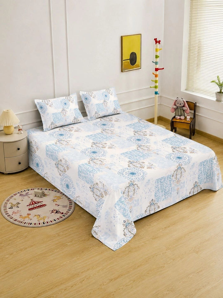 Myntra Elegant Homes Blue & White Geometric 400 TC King Bedsheet with 2 Pillow Covers