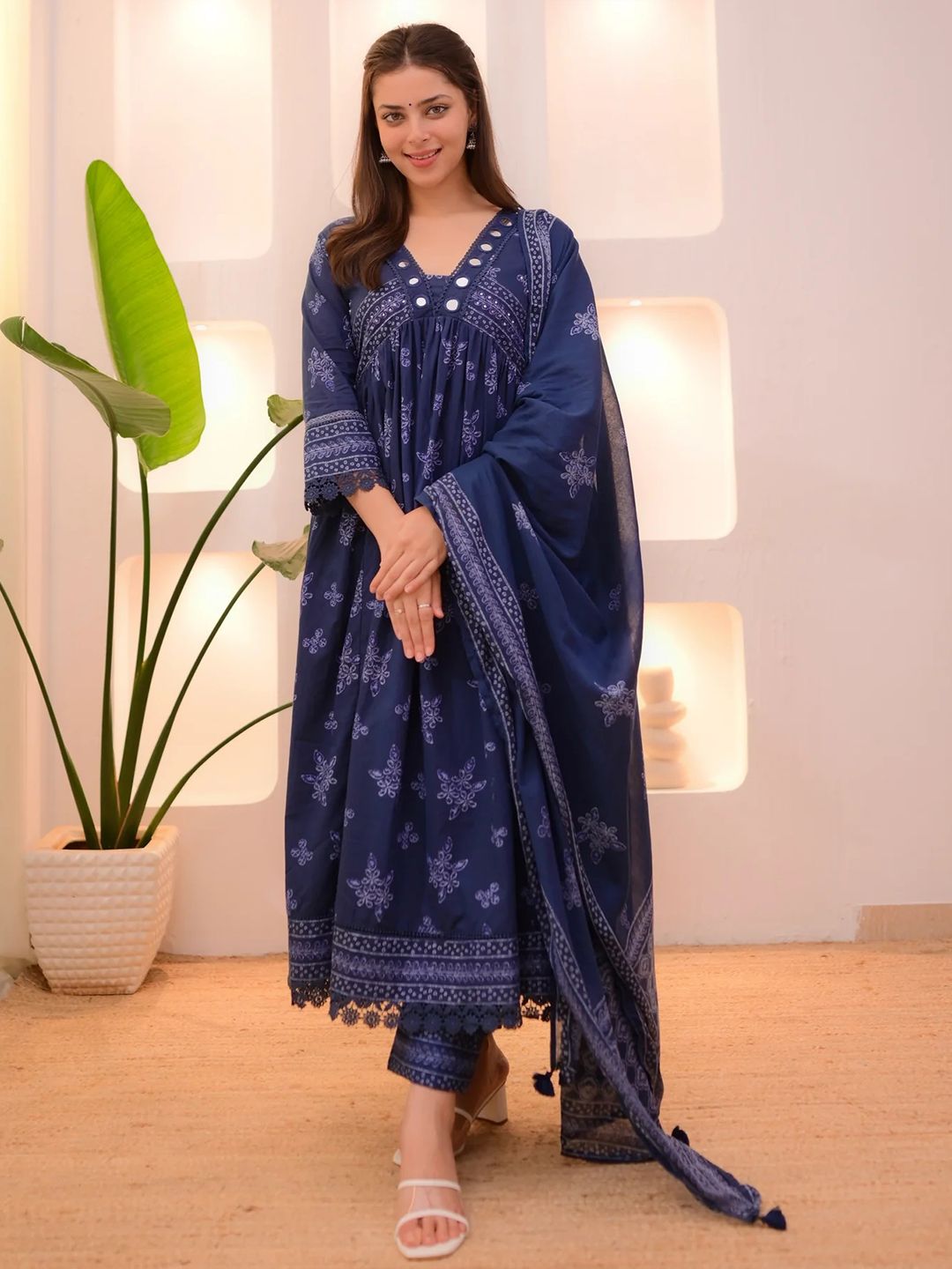 Kalini Floral Printed V-Neck Empire Anarkali Mirror Work Kurta With Trousers & Dupatta