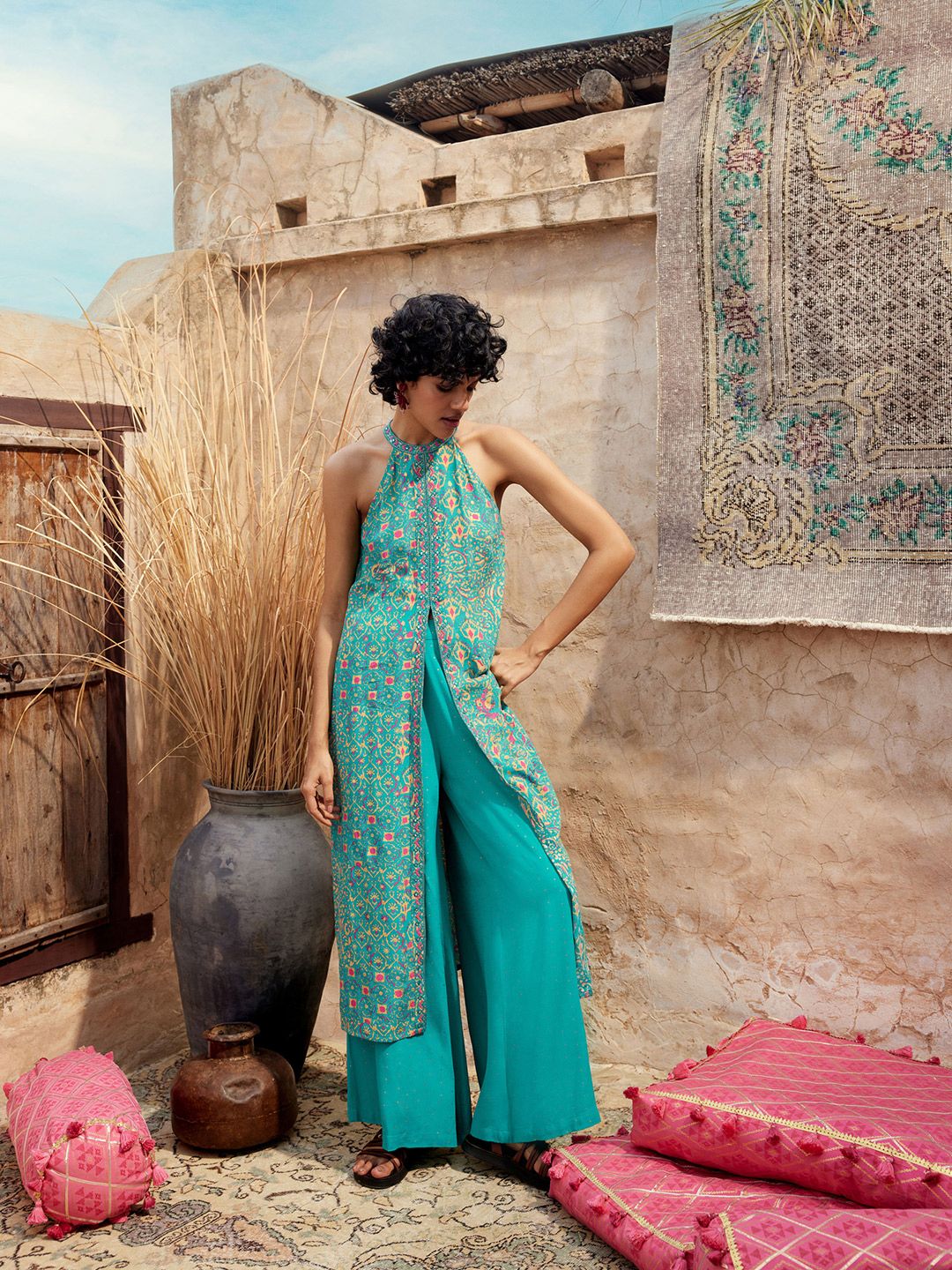 Global Desi Ethnic Motifs Printed Halter Neck Kurta with Palazzos